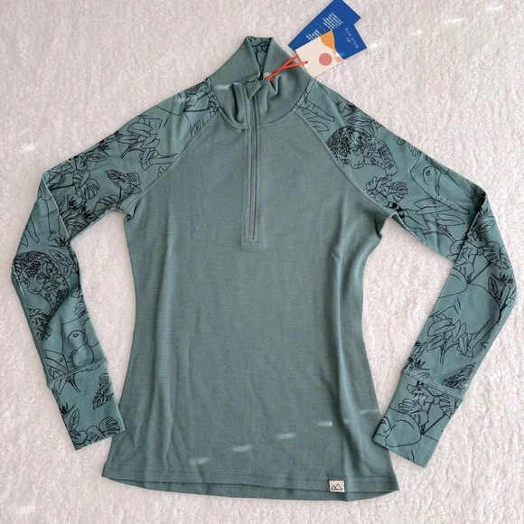 Wild Rye Hailey Half Zip Green Long Sleeve Women's Top, 100% Merino Wool, Size 4 - Picture 1 of 8